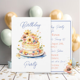 Invitación Torta acuarela de bonito y cumpleaños de flores