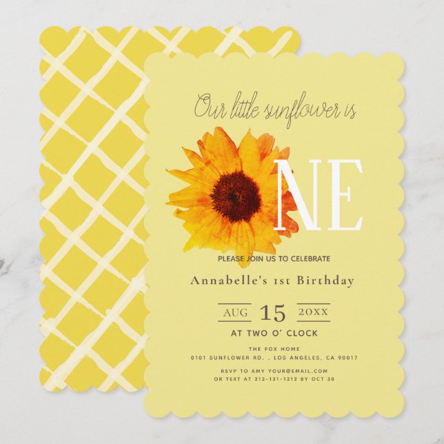 Invitación Torta amarillo girasol Primer cumpleaños (Anverso / Reverso)