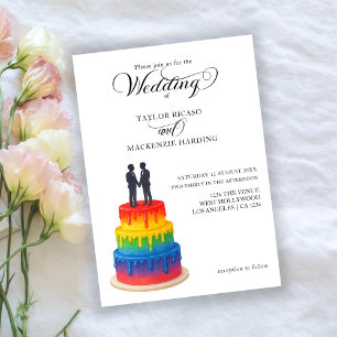 Invitación Torta arcoiris y elegante guion boda gay