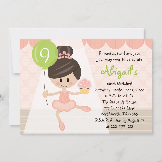 Invitación Torta Ballerina Cumpleaños Brunette (Anverso)