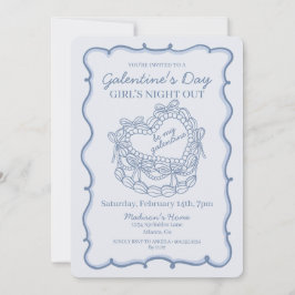 Invitación Torta Coqueta Corazón Retro Lazo Azul Galentine