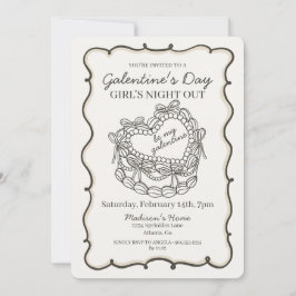 Invitación Torta Coquette Corazón Retro Lazo Beige Galentine
