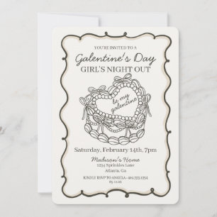 Invitación Torta Coquette Corazón Retro Lazo Beige Galentine
