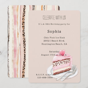 Invitación Torta Cumpleaños Corazón Rosa Animal Leopardo Crem