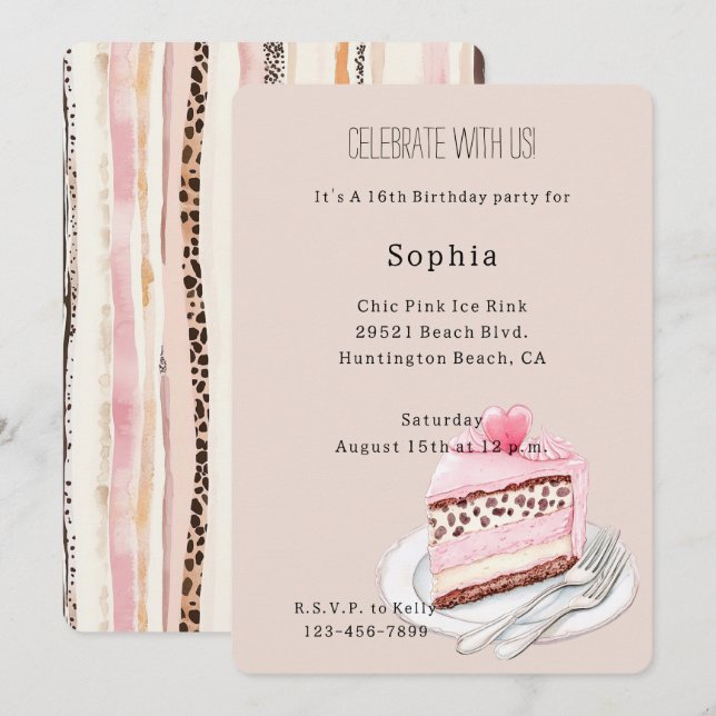 Invitación Torta Cumpleaños Corazón Rosa Animal Leopardo Crem (Anverso / Reverso)