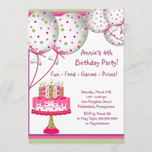 Invitación Torta Cumpleaños Niñas Globos Rosados Verdes Fiest