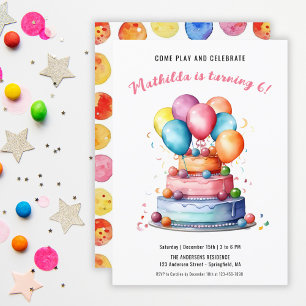 Invitación Torta de Acuarela de Arcoíris y Globos Cumpleaños 