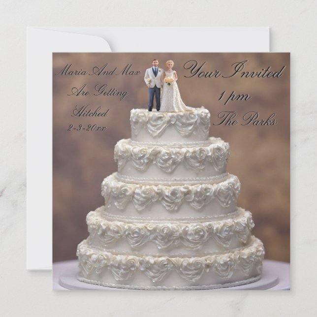 Invitación Torta De Boda Blanca De Cinco Niveles Con Pareja D (Anverso)