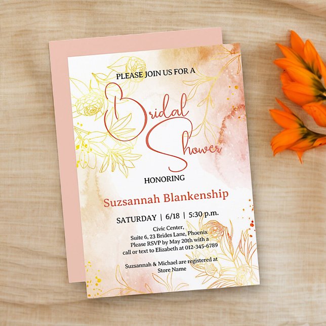 Invitación Torta de boda con sutil fondo floral pastel (Front template bridal shower design with solid orange pastel back. )