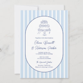 Invitación Torta de boda de rayas algo azul dibujado a mano