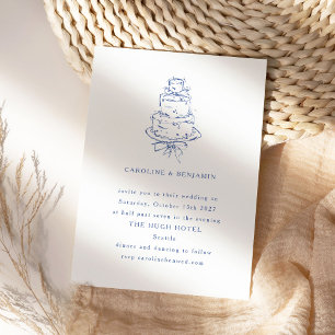 Invitación Torta de boda minimalista de garabato azul francés