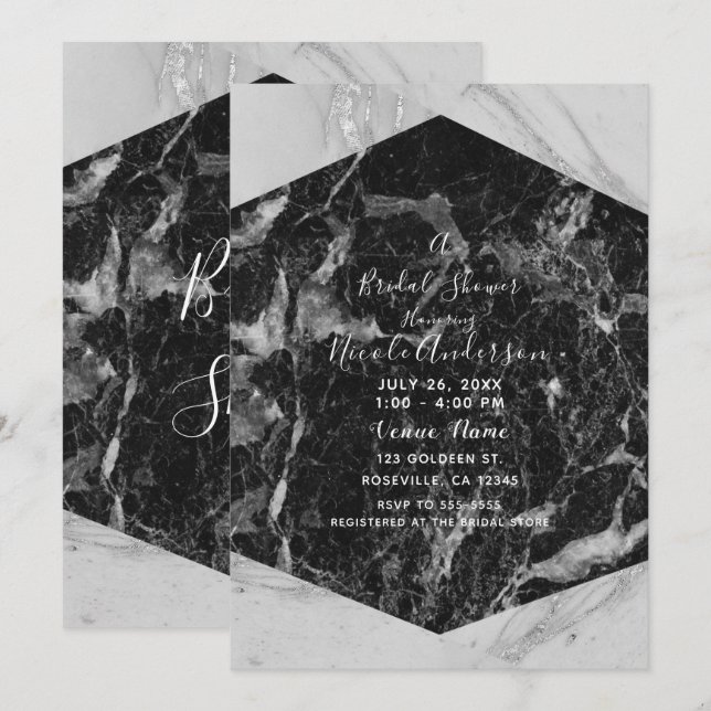 Invitación Torta de boda moderna de mármol negro blanco y pla (Anverso / Reverso)