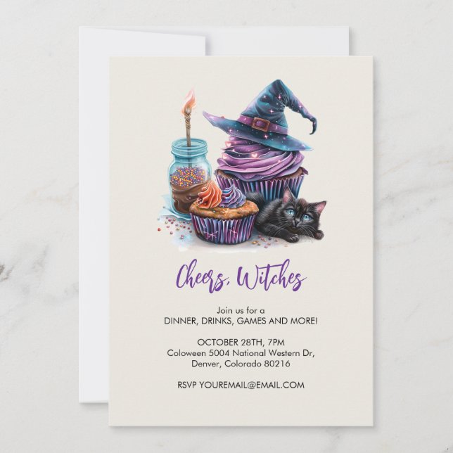 Invitación Torta de bruja y gato negro, Halloween (Anverso)