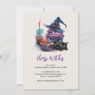 Invitación Torta de bruja y gato negro, Halloween