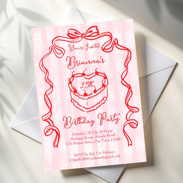 Invitación Torta de cereza coqueta rosa fiesta de cumpleaños (Cherry cake pink bow ribbon handrawn sketch coquette birthday party invitation template)