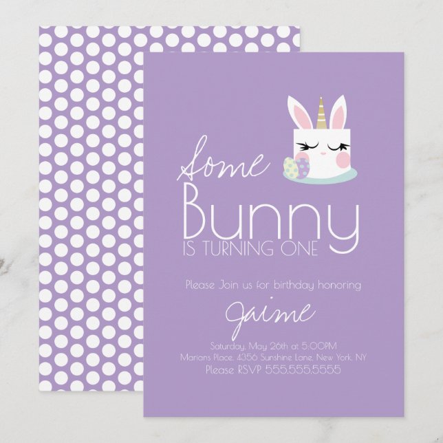Invitación Torta de conejito de Pascua linda cumple uno (Anverso / Reverso)