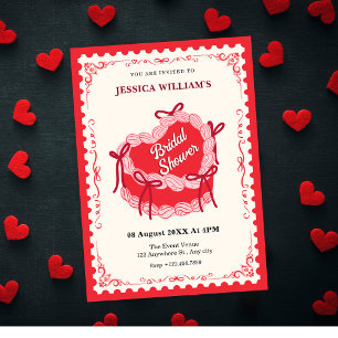 Invitación Torta de corazón rojo lindo ducha de novia