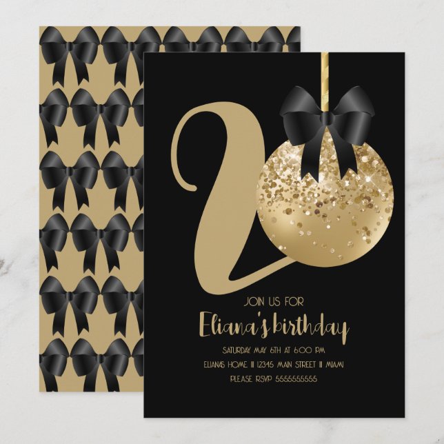 Invitación Torta de Cumpleaños 20 con Cake Pop Negro (Anverso / Reverso)