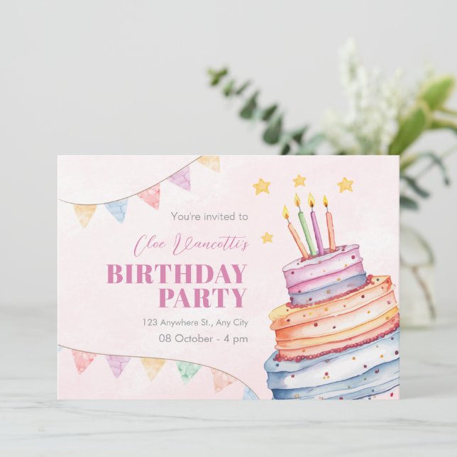 Invitación Torta de cumpleaños color pastel (Anverso de pie)