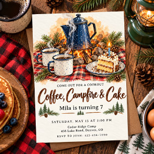 Invitación Torta de cumpleaños con café y hoguera de acuarela