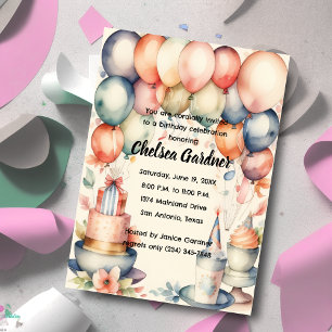 Invitación Torta De Cumpleaños Con Globos De Acuarela Comida