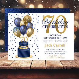 Invitación Torta De Cumpleaños Con Globos De Color Azul Marin