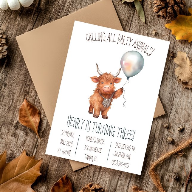 Invitación Torta de cumpleaños con vaca de las Highlands y gl (Subido por el creador)