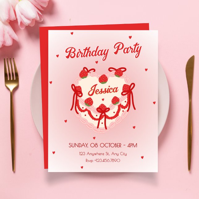 Invitación Torta de cumpleaños de corazón lindo rojo (Subido por el creador)