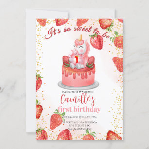 Invitación Torta de cumpleaños de fresa de Unicornio lindo
