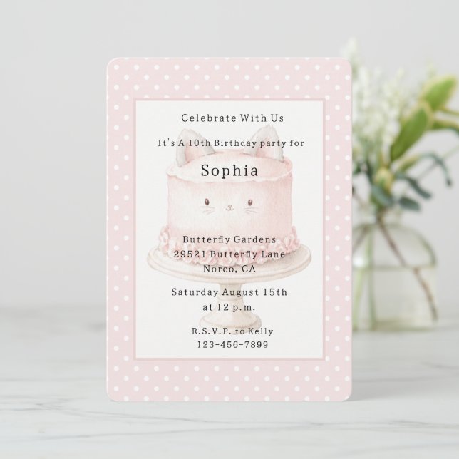 Invitación Torta de cumpleaños de gatito rosa lindo (Anverso de pie)