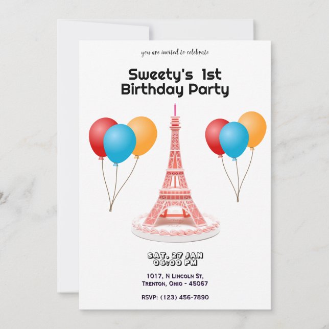 Invitación Torta de cumpleaños de la Torre Eiffel temática de (Anverso)