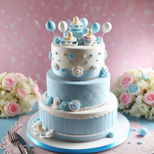 Invitación Torta de cumpleaños de niño con chupetes (Cute Blue Boy Layer Cake Baby Shower Invitation)