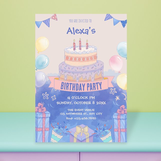 Invitación Torta de cumpleaños de pastel morado pastel (Subido por el creador)