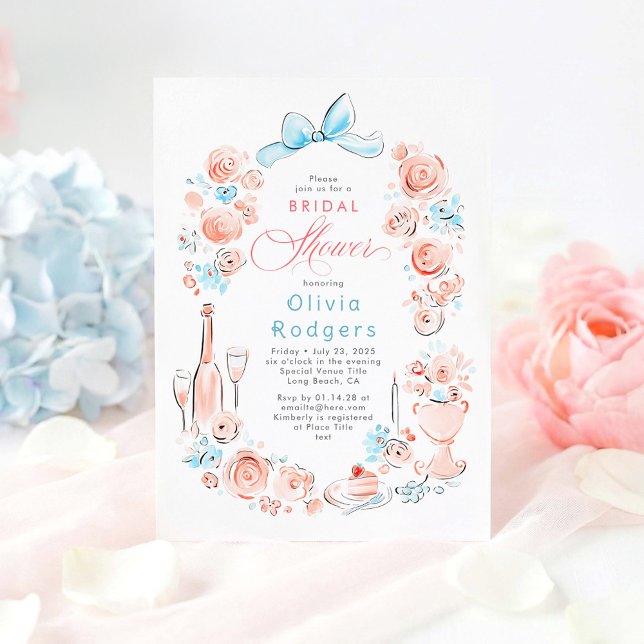 Invitación Torta de Cumpleaños de Soltera con Arco Floral Cap (Dusty Blue and Pink Whimsical Coquette Bow Bridal Shower Invitations)