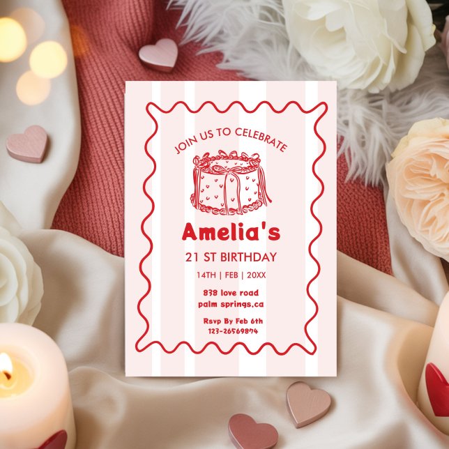 Invitación Torta de cumpleaños dibujada a mano con ondas rosa (Subido por el creador)