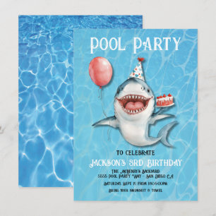 Invitación Torta de cumpleaños Fiesta Shark Pool Balloon
