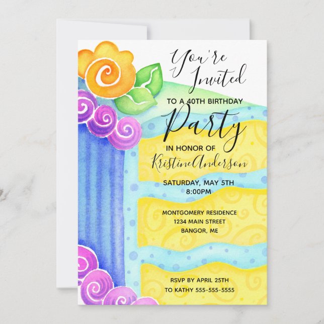 Invitación Torta de cumpleaños Floral amarilla azul 40 Fiesta (Anverso)