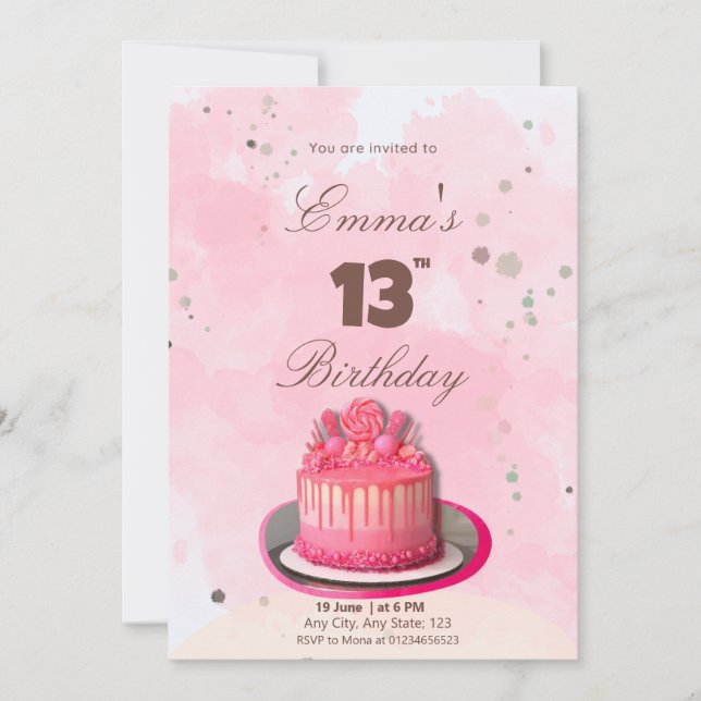 Invitación Torta de cumpleaños rosa acuarela (Anverso)