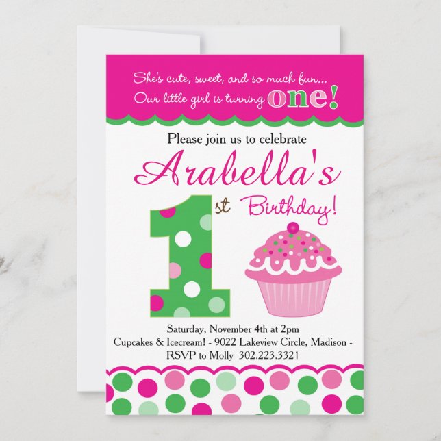 Invitación Torta de Cutie Pie (Rosa y Verde) Primer cumpleaño (Anverso)