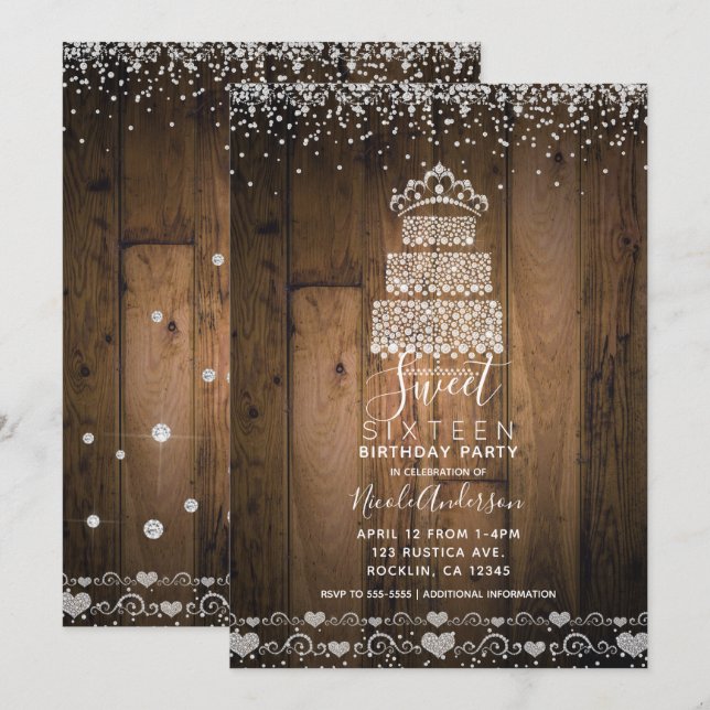 Invitación Torta de Diadema de Diamantes Glam Bling Madera Du (Anverso / Reverso)