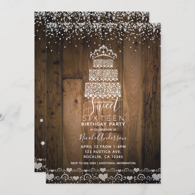 Invitación Torta de Diamantes Glam Bling Tiara de Madera Fies (Anverso / Reverso)