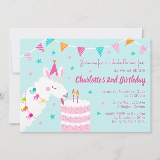 Invitación Torta de diversión de Llama entera 2º cumpleaños A (Anverso)