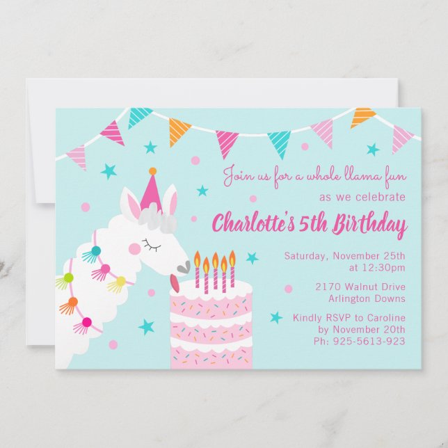 Invitación Torta de diversión de Llama entera 5 cumpleaños Aq (Anverso)