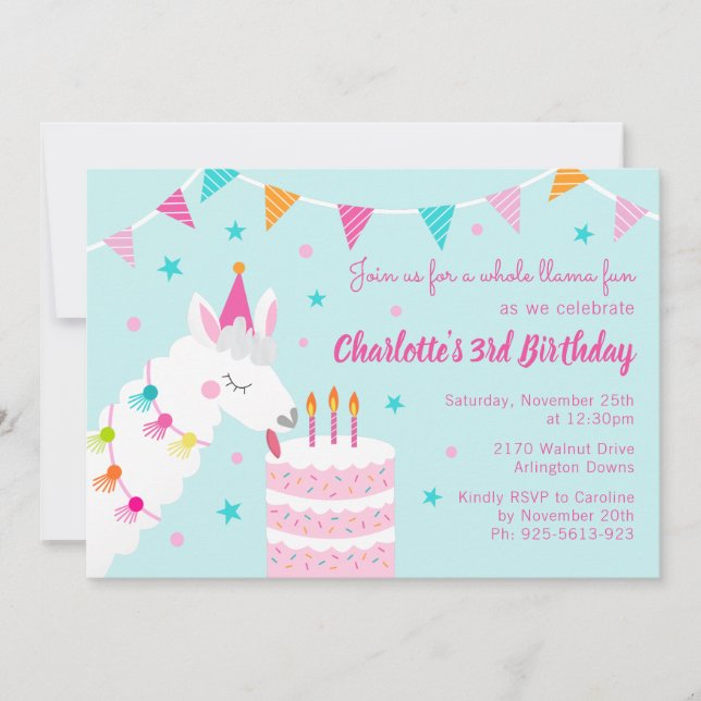 Invitación Torta de diversión de Llama entera Tercer cumpleañ (Anverso)