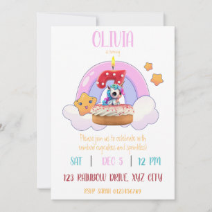 Invitación Torta de fiesta de cumpleaños 7 de Rainbow Unicorn
