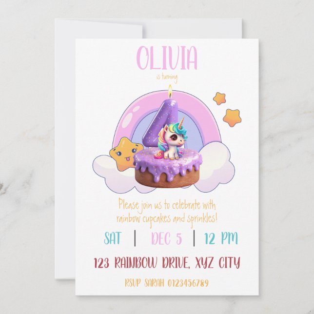 Invitación Torta de Fiesta de cumpleaños Rainbow Unicorn 4º (Anverso)