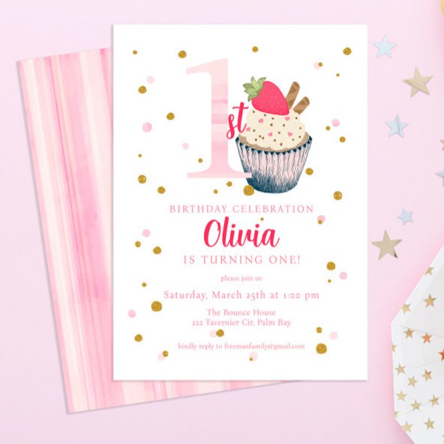 Invitación Torta de fresa acuarela Invitat de primer cumpleañ (Subido por el creador)