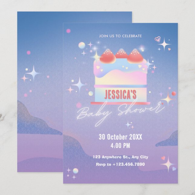 Invitación Torta de fresa brillante Ducha bebé (Anverso / Reverso)