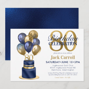 Invitación Torta De Globo Azul Marino Cumpleaños 80