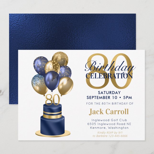 Invitación Torta De Globo Azul Marino Cumpleaños 80 (Anverso / Reverso)